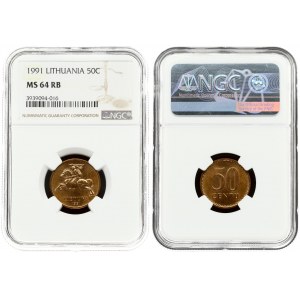 Lithuania 50 Centų 1991 Averse: National arms. Reverse: Value. Bronze. KM 90. NGC MS 64 RB