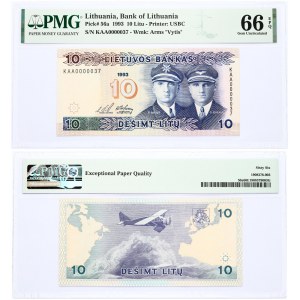 Lithuania 10 Litu 1993 Banknote. Bank of Lithuania Pick#56a 1993 10 Litu - Printer: USBC S/N KAA0000037 - Wmk: Arms ...