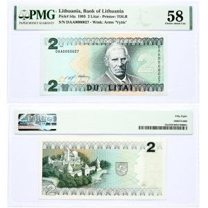 Lithuania 2 Litai 1993 Banknote. Bank of Lithuania Pick#54a 1993 2 Litai - Printer: TDLR S/N DAA0000027 - Wmk: Arms ...