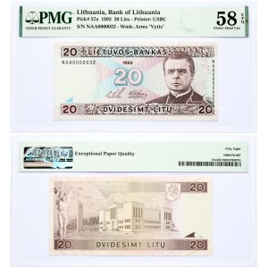 Lithuania 20 Litu 1993 Banknote. Bank of Lithuania Pick#57a 1993 20 Litu - Printer: USBC S/N NAA0000032 - Wmk: Arms ...