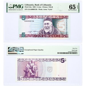 Lithuania 5 Litai 1993 Banknote. Bank of Lithuania Pick#55a 1993 5 Litai - Printer: TDLR S/N GAA0000136 - Wmk: Arms ...
