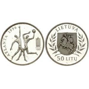Lithuania 50 Litų 1996LMK Averse: National arms flanked by sprigs. Reverse: Basketball players. Edge Lettering: CITIUS...