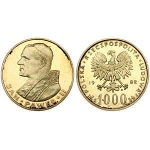 Poland 1000 Zlotych 1982CHI Visit of Pope John Paul II. Averse: Imperial eagle above value. Reverse: Bust left...