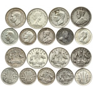 Australia 3 & 6 Pence (1910-1963). Averse: Head left. Reverse: Arms. Silver. Lot of 9 Coins