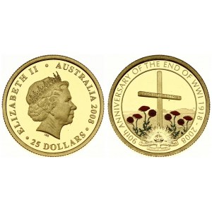 Australia 25 Dollars 2008P End of WWI 90th Anniversary. Averse: Head right. Reverse: Field cross; multicolor poppies...