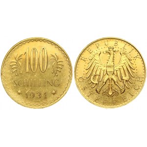 Austria 100 Schilling 1931 Prooflike. Averse: Imperial Eagle with Austrian shield on breast holding hammer and sickle...