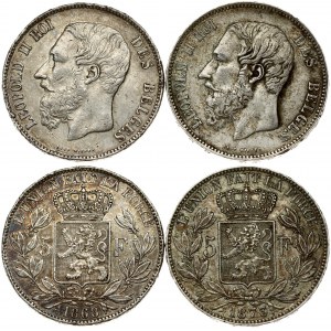 Belgium 5 Francs 1868 & 1873 Leopold II(1865-1909). Averse: Smaller head; engraver's name near rim; below truncation...