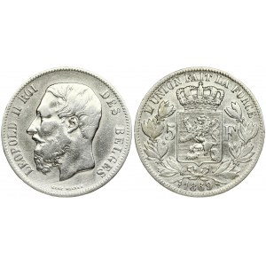 Belgium 5 Francs 1869 Leopold I(1865-1909). Averse: Smaller head; engraver's name near rim; below truncation...