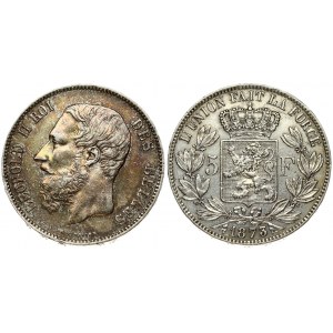 Belgium 5 Francs 1873 Leopold II(1865-1909). Averse: Smaller head engraver's name near rim; below truncation...