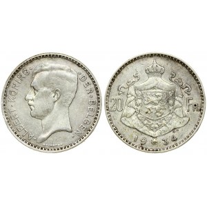 Belgium 20 Francs 1934 Albert I (1909-1934). Averse: Head of Albert; left; legend in Dutch. Averse Legend: DER BELGEN...