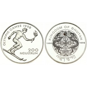 Bhutan 200 Ngultrums 1996 Averse: National emblem divides dates. Reverse: Skiing scene; denomination at right. Silver...