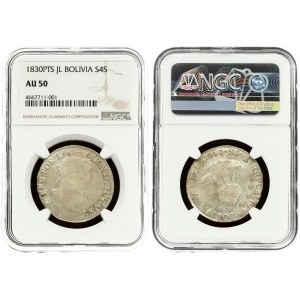 Bolivia 4 Soles 1830PTS JL Averse: Additional mint mark on lower part of island. Reverse: Uniformed bust right. Silver...