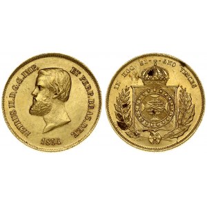 Brazil 5000 Reis 1854 Pedro II(1831 - 1889). Averse: Head left. Reverse: Crowned arms within wreath. Gold...