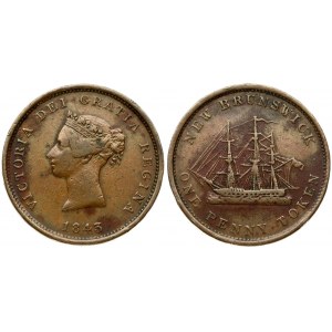 Canada1 Penny 1843 Token. Victoria(1837-1901). Averse:Left profile of Victoria. Lettering...