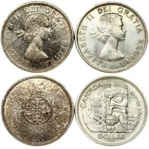 Canada 1 Dollar 1858-1958 British Columbia & 1 Dollar 1864-1964 Charlottetown. Elizabeth II(1952-). Averse...
