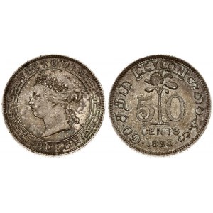 Ceylon 50 Cents 1893 Victoria(1837-1901). Averse: Head left within circle. Averse Legend: QUEEN VICTORIA. Reverse...