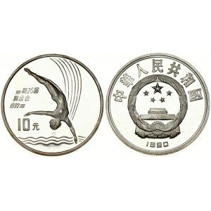 China 10 Yuan 1990 1992 Summer Olympics Barcelona Diving. Averse: National emblem; date below. Reverse: Platform diver...