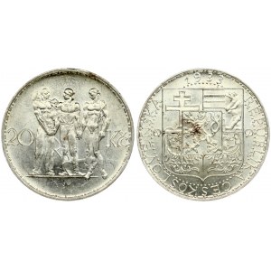 Czechoslovakia 20 Korun 1933. Averse: State emblem; date above. Reverse: Three figures: Industry; Agriculture...