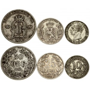 Denmark 10 Ore 1912 &  Norway 25 Ore 1904 & Sweden 50 Ore 1898. Value; date; mint mark. Crowned arms within wreath...