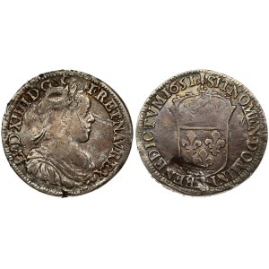 France 1/2 Ecu 1651 A Louis XIV(1643-1715). Averse: Bust with long curl. Reverse: Crowned arms of France. Silver...