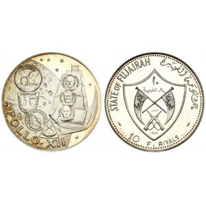 Fujairah 10 Riyals 1388-1969 Apollo XII. Averse: Arms. Reverse: Four shields on moon background at left...