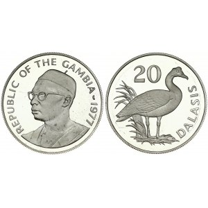 Gambia 20 Dalasis 1977 Conservation. Averse: President's bust left. Reverse: Spur-winged goose divides denomination...
