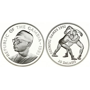 Gambia 20 Dalasis 1993 Averse: President's bust left. Reverse: Wrestlers; denomination below. Silver...