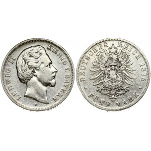 Germany BAVARIA 5 Mark 1875D Ludwig II(1864-1886). Averse: Head right. Averse Legend: LUDWIG II KOENIG B. BAYERN...
