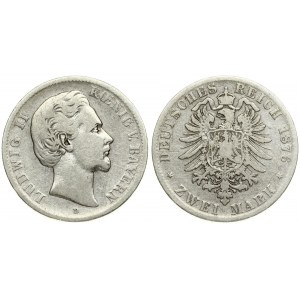 Germany BAVARIA 2 Mark 1876D Ludwig II(1864-1886). Averse: Head right. Averse Legend: LUDWIG II KOENIG B. BAYERN...