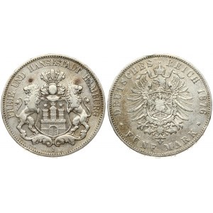 Germany HAMBURG 5 Mark 1876J Averse: Helmeted arms with lion supporters. Averse Legend: FREIE UND HANSESTADT HAMBURG...