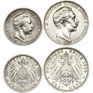 Germany PRUSSIA 2 & 3 Mark 1902 & 1909A Wilhelm II(1888-1918). Averse: Head right. Reverse...