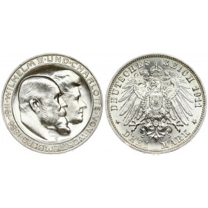Germany WÜRTTEMBERG 3 Mark 1911F Silver Wedding Anniversary. Wilhelm II(1891-1918). Averse: Conjoined heads right...