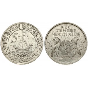 Germany Danzig 5 Gulden 1935 Averse: Ship with three crowns asea; numeric denomination at left; circle surrounds...