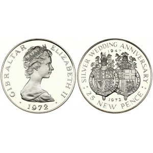 Gibraltar 25 New Pence 1972 25th Wedding Anniversary. Elizabeth II(1952-). Averse: Young bust right. Reverse...