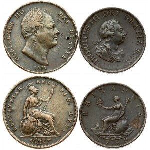 Great Britain 1/2 & 1 Penny 1799 & 1831 George III(1760-1820) & William IV(1830-1837). Averse: Laureate bust right...