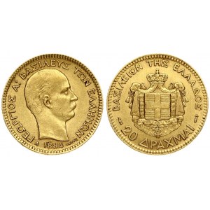 Greece 20 Drachmai 1884A George I(1863 – 1913). Averse: Old head right. Reverse: Arms within crowned mantle. Gold...