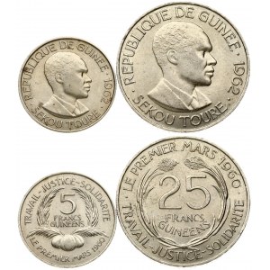 Guinea 5 & 25 Francs 1962 Averse: Head of Ahmed Sekou Toure right. Reverse: Denomination within wreath; coconuts below ...