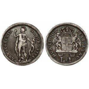 Italy GENOA 1 Lira 1794 Averse: Crowned arms with supporters on mantle above value. Averse Legend...