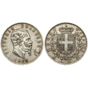 Italy 5 Lire 1869M BN Vittorio Emanuele II(1861-1878). Averse: Head right. Reverse: Crowned shield within wreath Silver...