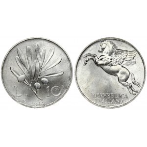Italy 10 Lire 1947R Averse: Pegasus. Reverse: Olive branch divides value. Aluminum. (Mintage 12.000) KM 90...