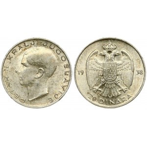 Yugoslavia 20 Dinara 1938 Petar II(1934-1945). Averse: Head left. Reverse: Crowned double eagle with shield on breast...