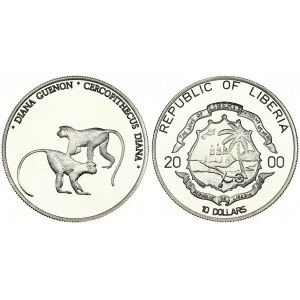 Liberia 10 Dollars 2000 Averse: National arms. Reverse: Monkeys. Edge Description: Reeded. Silver...