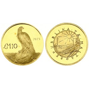 Malta 10 Pounds 1975 Averse: Republic emblem within circle. Reverse: Maltese falcon. Gold. KM 35