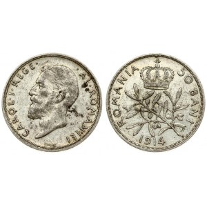 Romania 50 Bani 1914 Carol I(1866-1914). Averse: Head left. Reverse: Crown above design. Edge Description: Reeded...