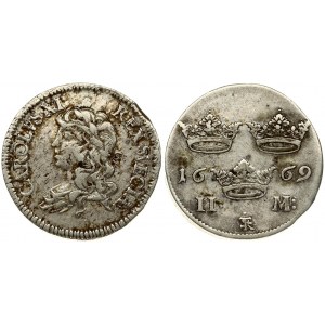 Sweden 2 Mark 1669 Charles XI (1660-1697). Averse: Youthful laureate bust of Carl XI left. Reverse: Three crowns value...