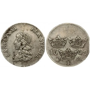 Sweden 2 Mark 1669 Charles XI (1660-1697). Averse: Youthful laureate bust of Carl XI left. Reverse: Three crowns value...