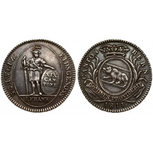 Switzerland Bern 1 Frank 1811.  A.: Bear in crowned oval shield within sprigs above banner and date. Av. Legend...