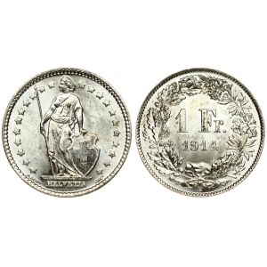 Switzerland 1 Franc 1914B Averse: Standing Helvetia with lance and shield within star border. Reverse: Value...
