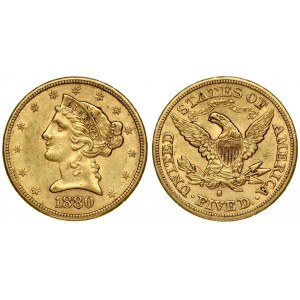 USA 5 Dollars 1880 S San Francisco. Liberty / Coronet Head - Half Eagle With motto. Averse...