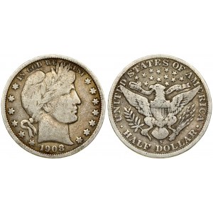 USA ½ Dollar 1908 S 'Barber Half Dollar' San Francisco. Averse: Bust of Liberty to right date below. Lettering: *****...